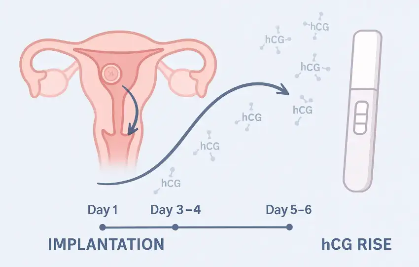 a clean medical timeline illustration showing the implantation and hCG rise process.