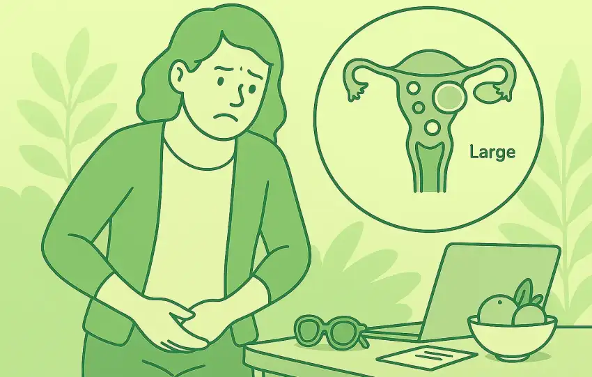 Woman holding her lower abdomen to indicate fibroid pain and concerns about fibroid size.